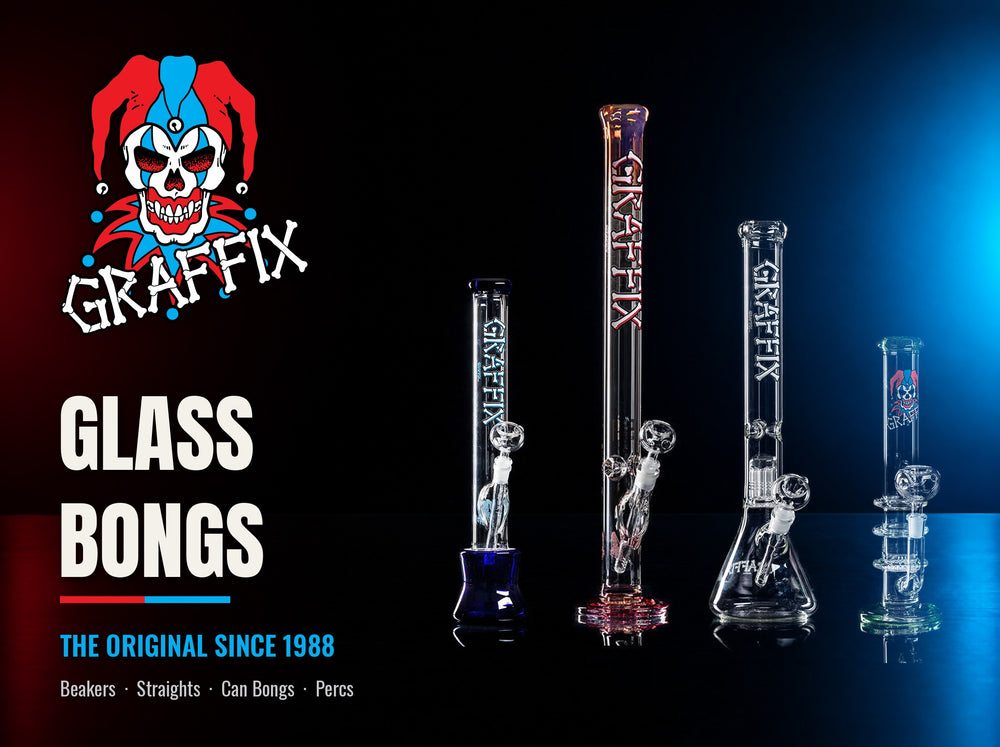 Graffix glass bongs: blue can, gold-fumed straight, beaker with perc and honeycomb straight tube
