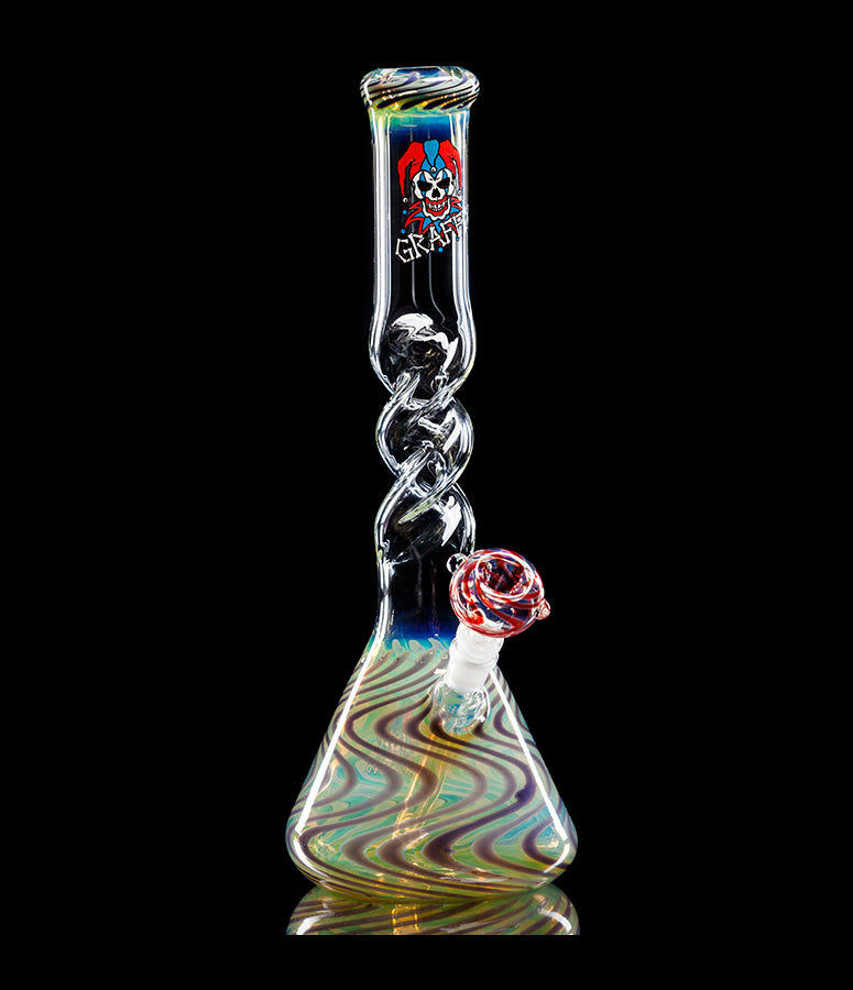 The Twist: Graffix glass beaker with twisted neck, fumed color base and jester logo