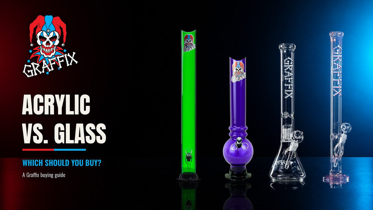 Graffix acrylic and glass water pipes side by side: green acrylic straight, purple acrylic bubble, glass beaker and glass straight