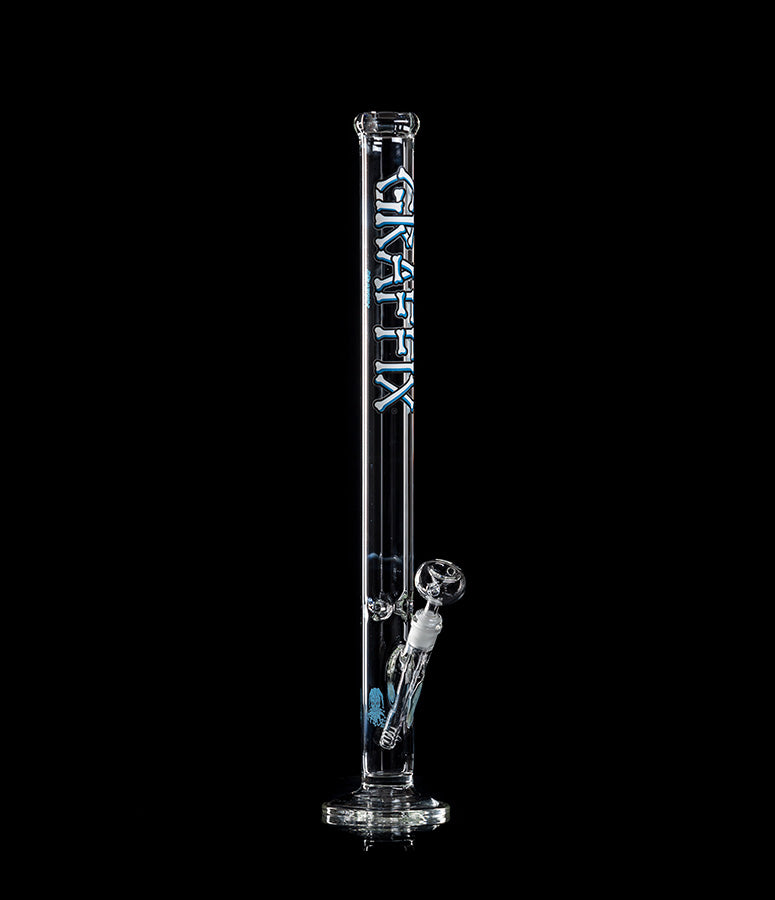 24-inch clear Graffix glass straight tube with blue GRAFFIX lettering, front view