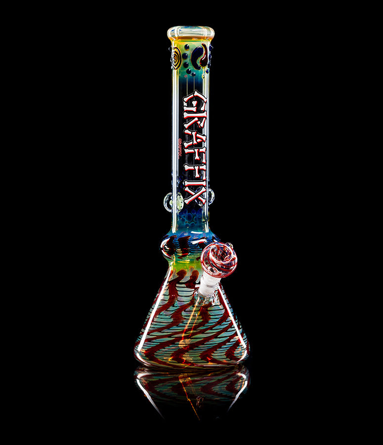 The Ultimate G: Graffix glass beaker with GRAFFIX lettering and red wig-wag base, front view