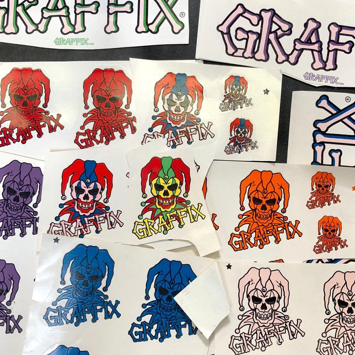Sheet of vintage Graffix jester stickers