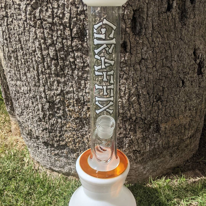 Graffix glass straight with white base against a tree trunk